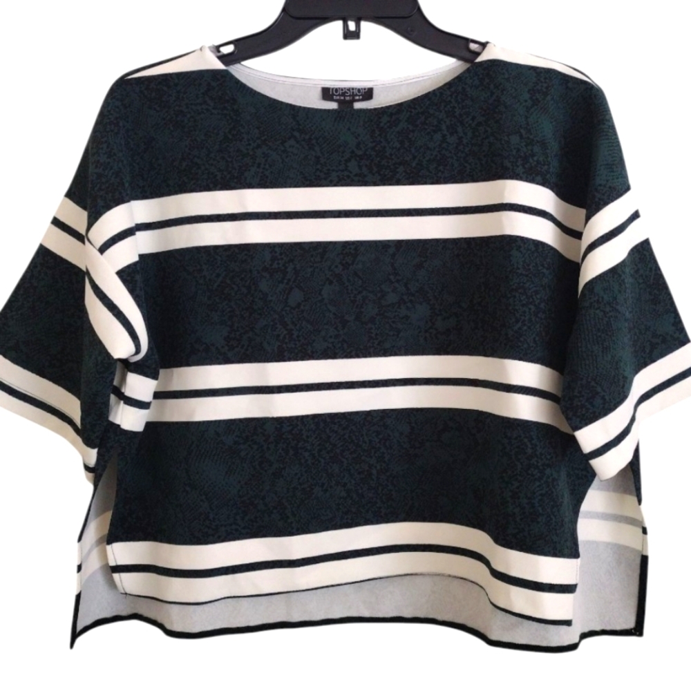 Topshop Black White Striped Dark Green Animal Print Cropped Top Size 2